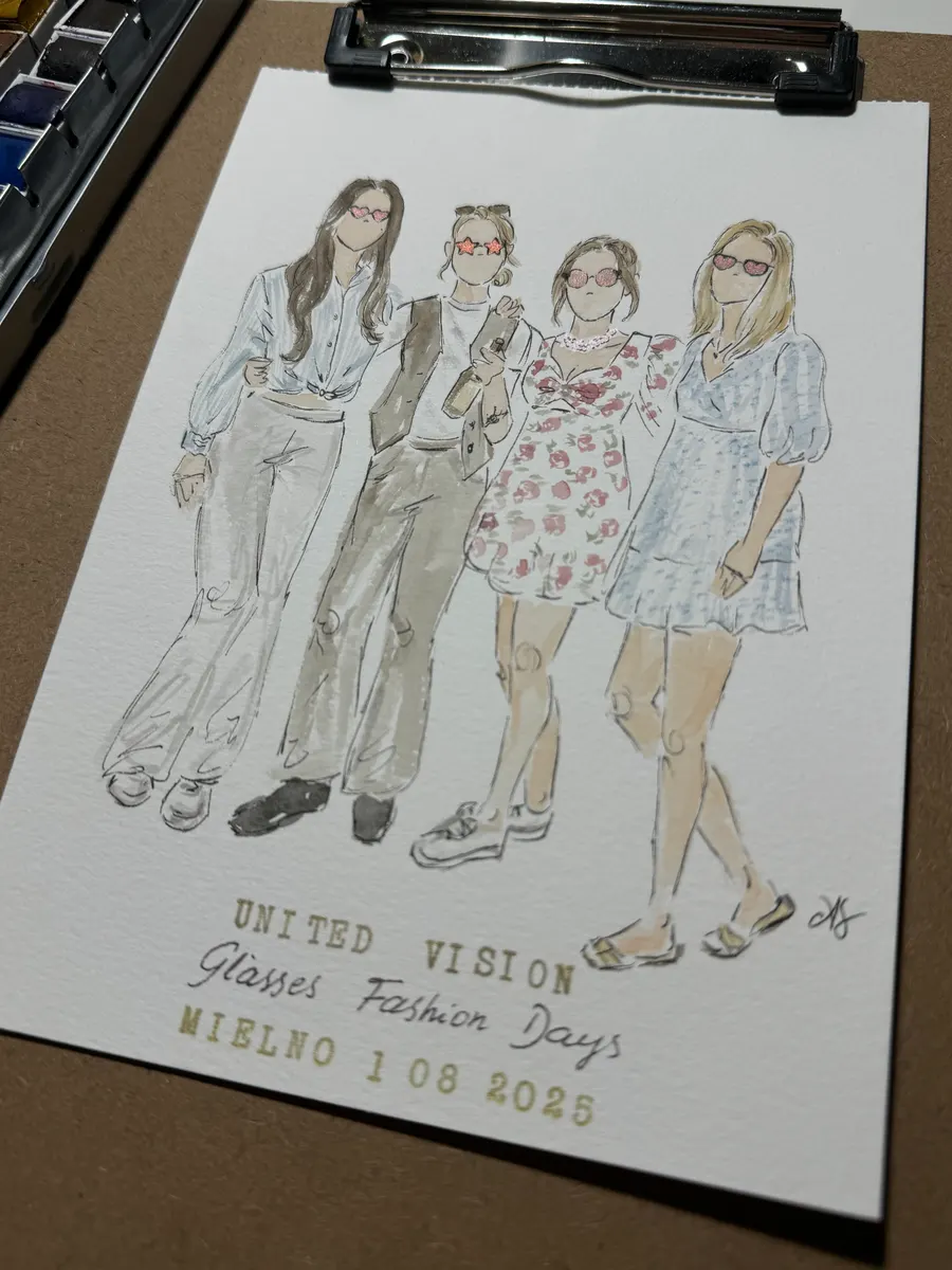Rozłożone ilustracje gości z eventu modowego