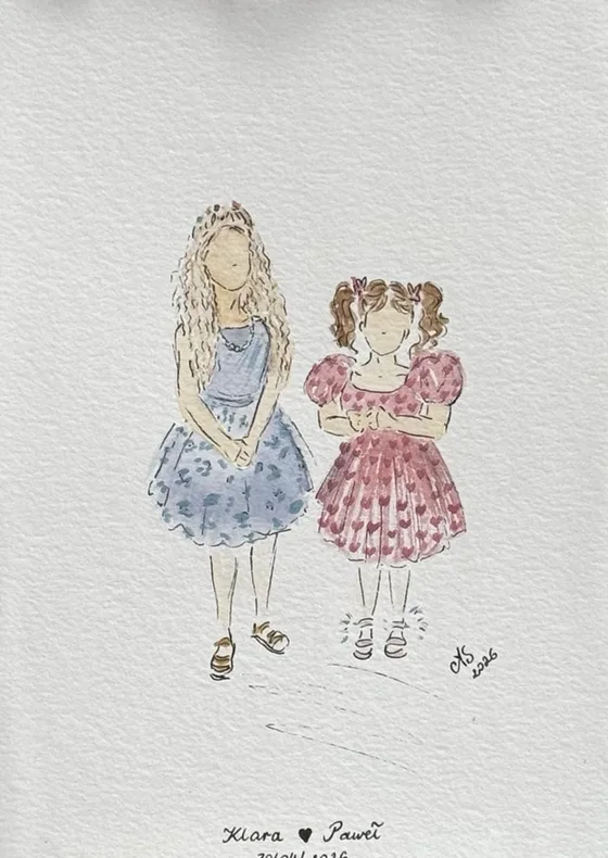 Akwarelowa ilustracja dziewczynek w odświętnych sukienkach