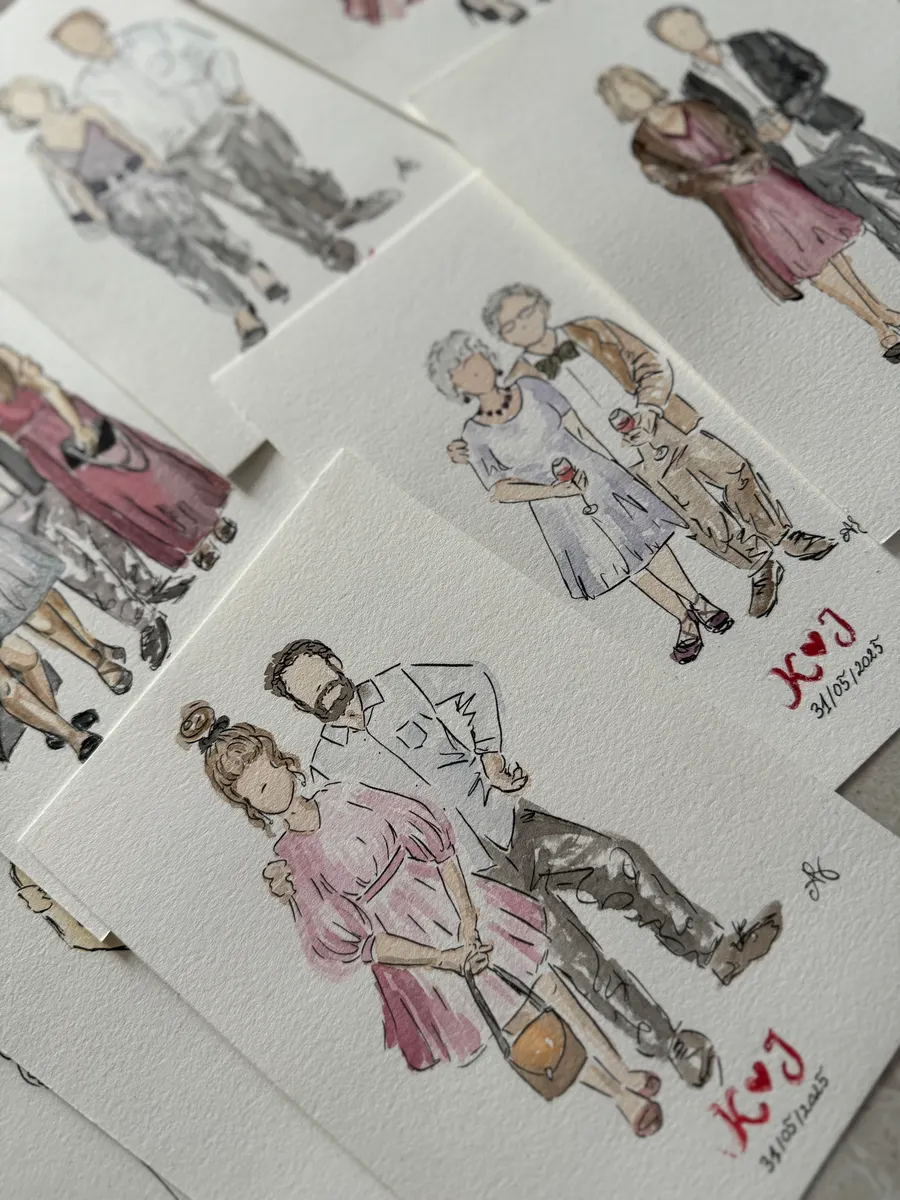 Podpisane ilustracje gości weselnych z monogramem pary